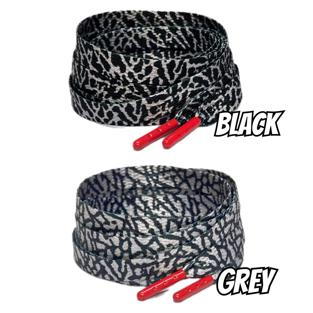 Elephant Flat Shoelaces w Red Aglets- Black - Grey - for Jordan 3 - Black Cement - White Cement -